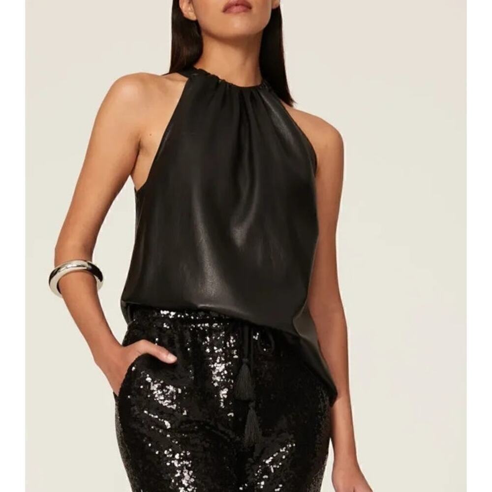 Joie Bonita Top Faux Leather Gathered Halter Neck Sleeveless Keyhole Black Small